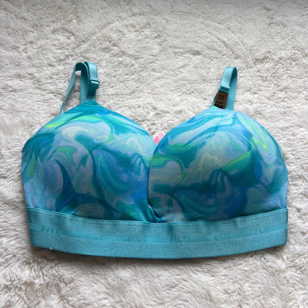 Pink Victoria's Secret Wireless Push Up Bra 32DD Blue Green Marble Swirl NWT